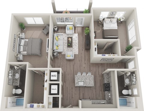 Floor plan for 2 beds, 2 baths, 1193 sqft